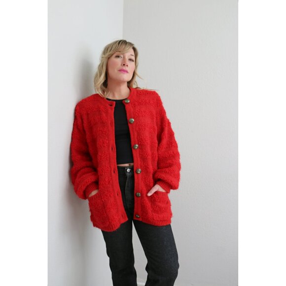 1980's Vintage Fuzzy Mohair Heart Button Cardigan ~ Women's Medium LG XL 80's - Picture 7 of 9